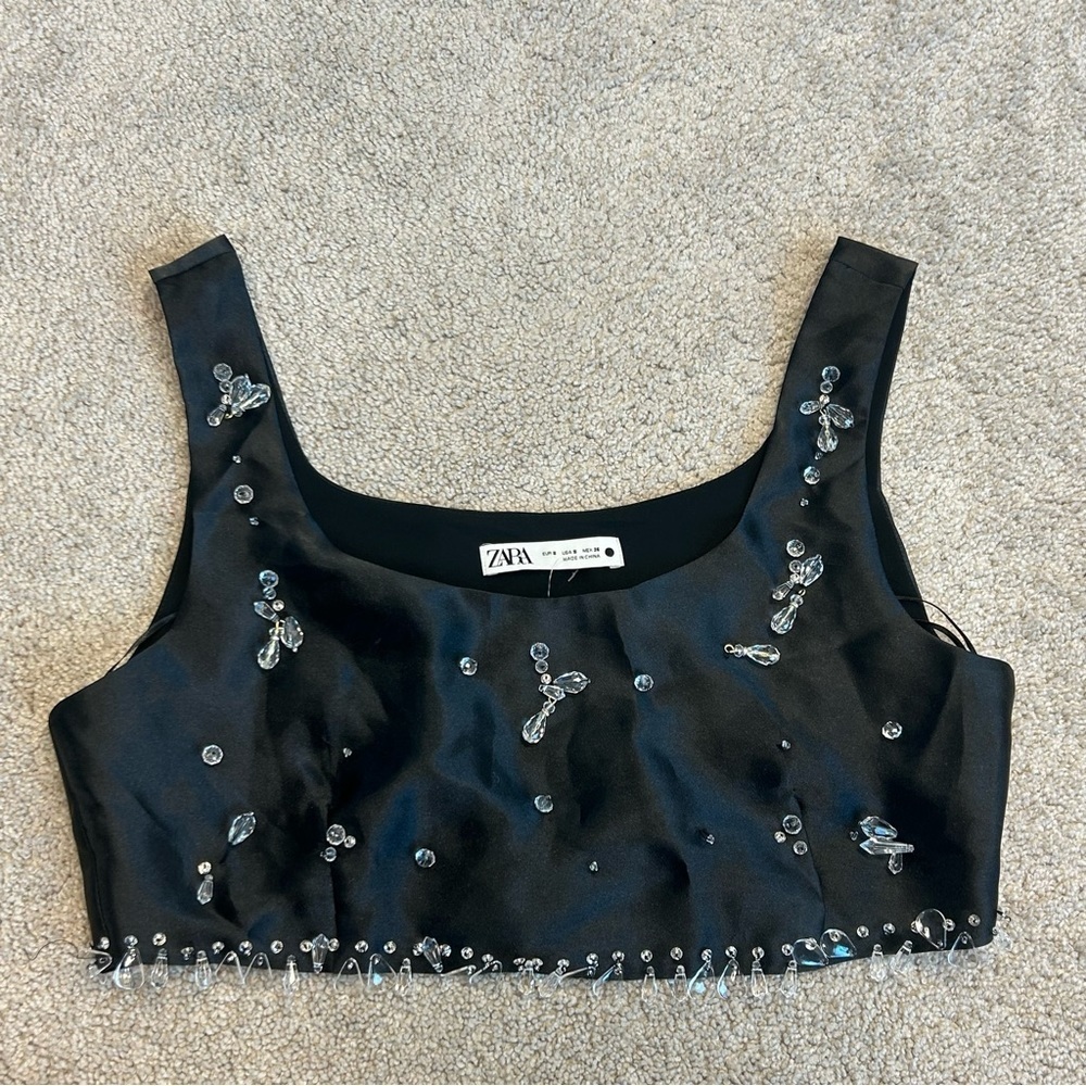 Zara limited edition black clear beaded jewelled sleeveless crop top Sz S NWT - Picture 8 of 16